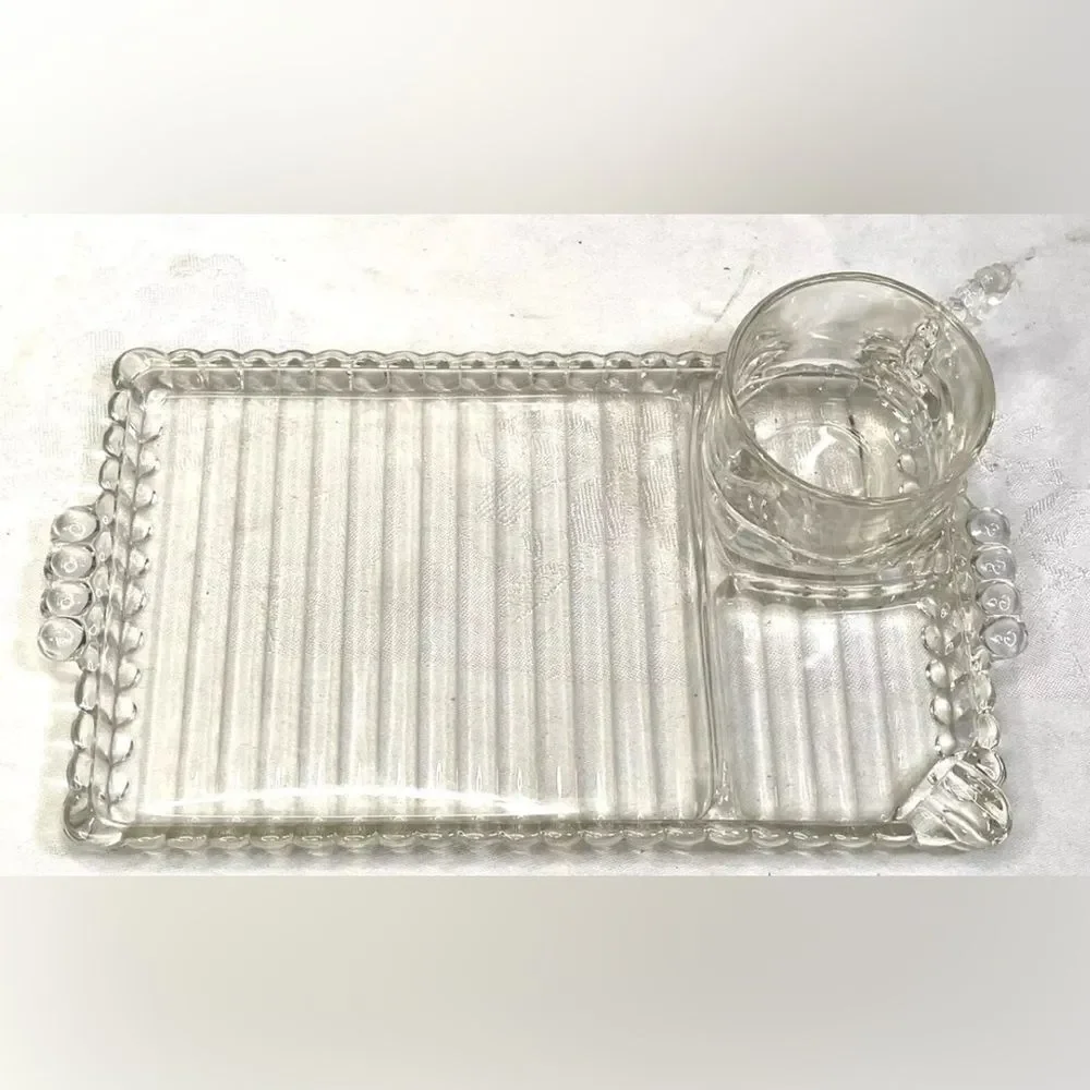 Hazel Atlas Ball & Rib Elegant Clear Glass Smoke Snack & Sip Tray 6 Oz Cup Set